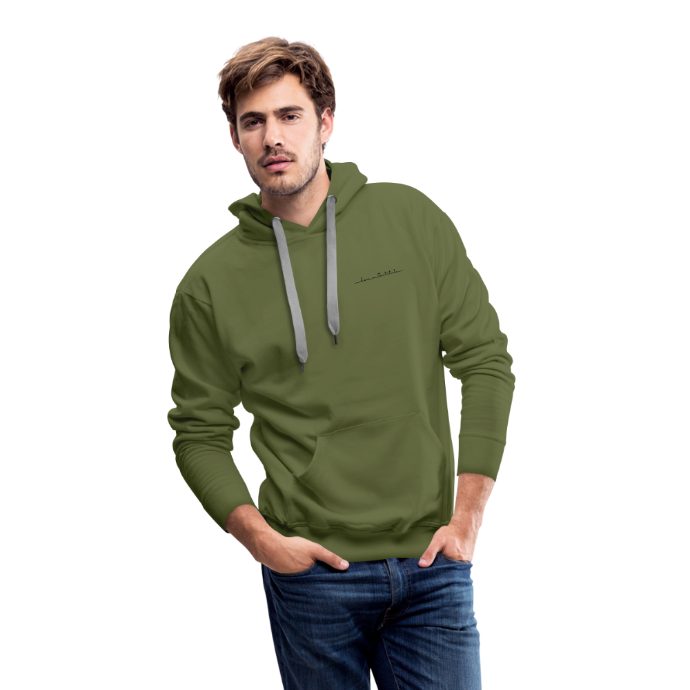 Men’s Premium Hoodie Small Tattoo font on front Tattoo logo on Back - olive green