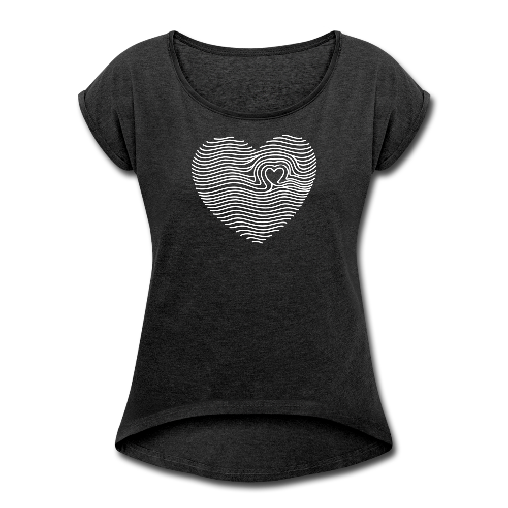 Women's Roll Cuff T-Shirt Love n Gratitude on back - heather black