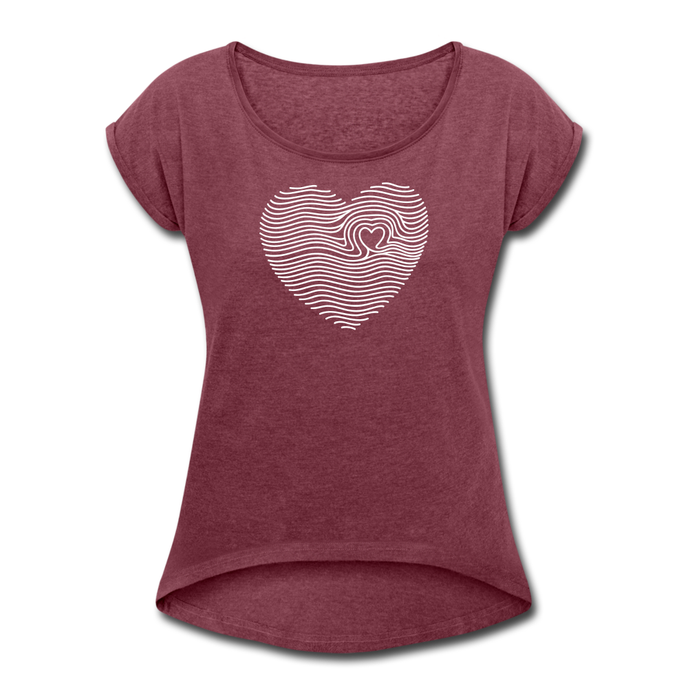 Women's Roll Cuff T-Shirt Love n Gratitude on back - heather burgundy