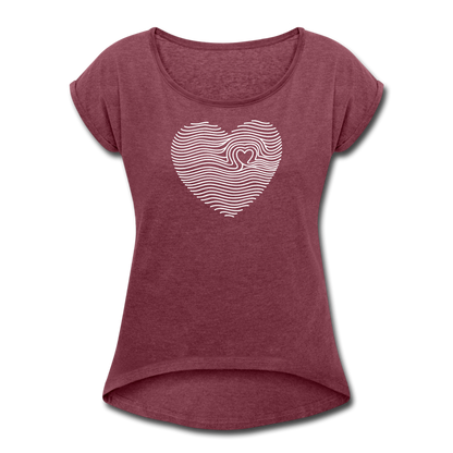 Women's Roll Cuff T-Shirt Love n Gratitude on back - heather burgundy