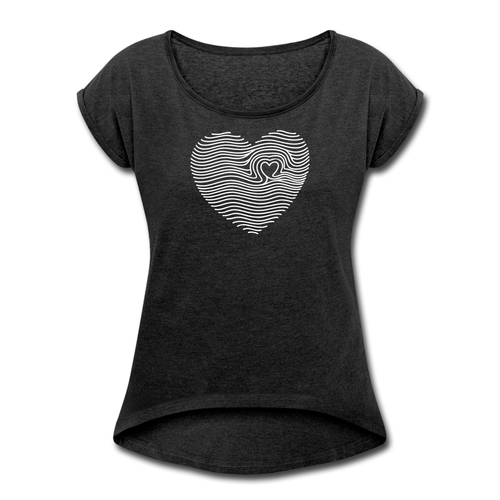 Women's Roll Cuff T-Shirt Love n Gratitude on back - heather black