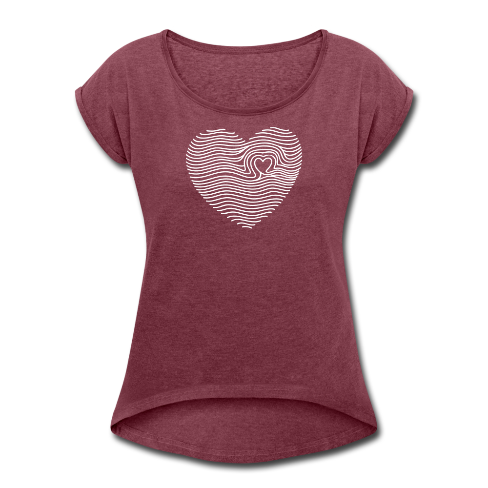 Women's Roll Cuff T-Shirt Love n Gratitude on back - heather burgundy