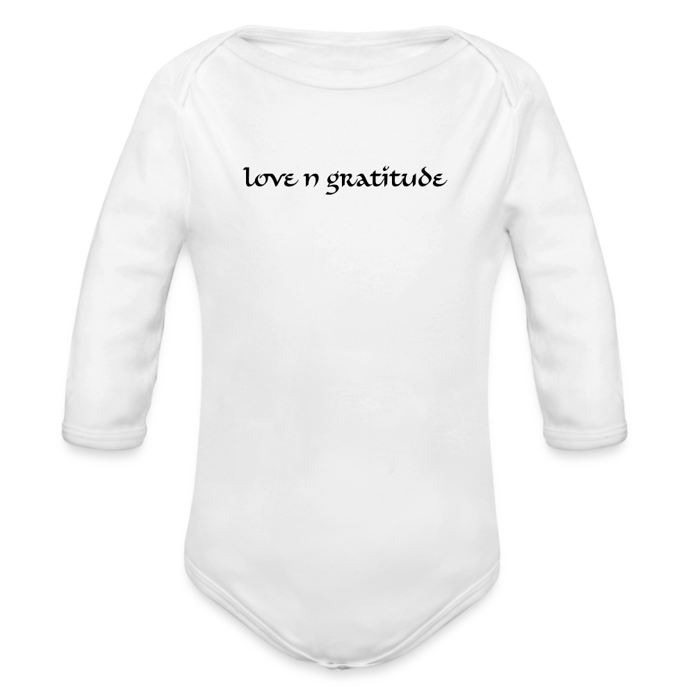 Organic Long Sleeve Baby Bodysuit Custom Print Front, Logo on Back - white