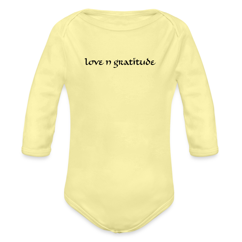 Organic Long Sleeve Baby Bodysuit Custom Print Front, Logo on Back - washed yellow