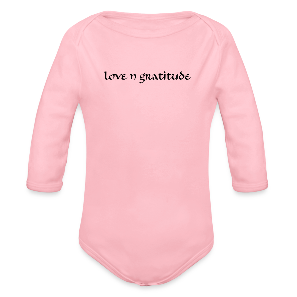 Organic Long Sleeve Baby Bodysuit Custom Print Front, Logo on Back - light pink