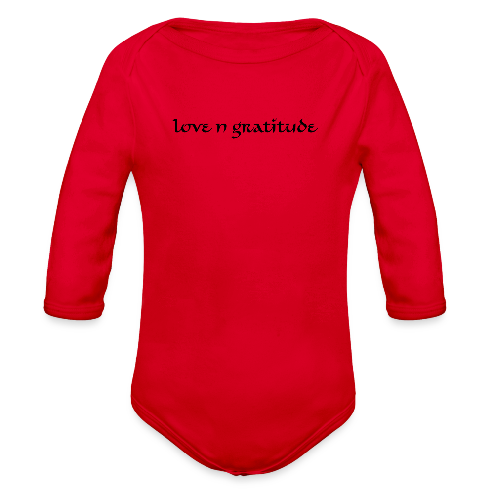 Organic Long Sleeve Baby Bodysuit Custom Print Front, Logo on Back - red