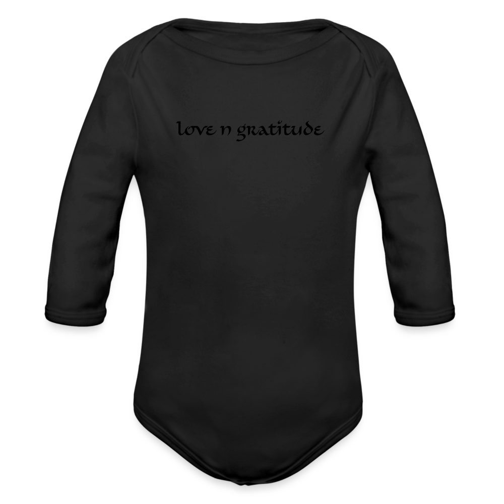 Organic Long Sleeve Baby Bodysuit Custom Print Front, Logo on Back - black