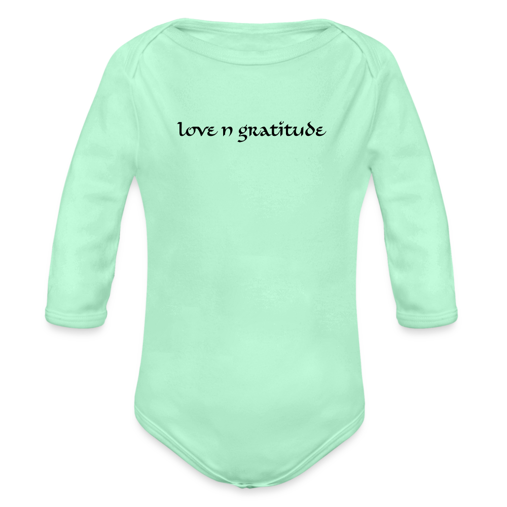 Organic Long Sleeve Baby Bodysuit Custom Print Front, Logo on Back - light mint