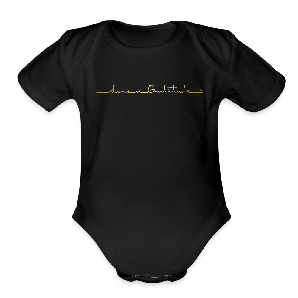 Organic Short Sleeve Baby Bodysuit Custom Print on Front, Logo on Back - black