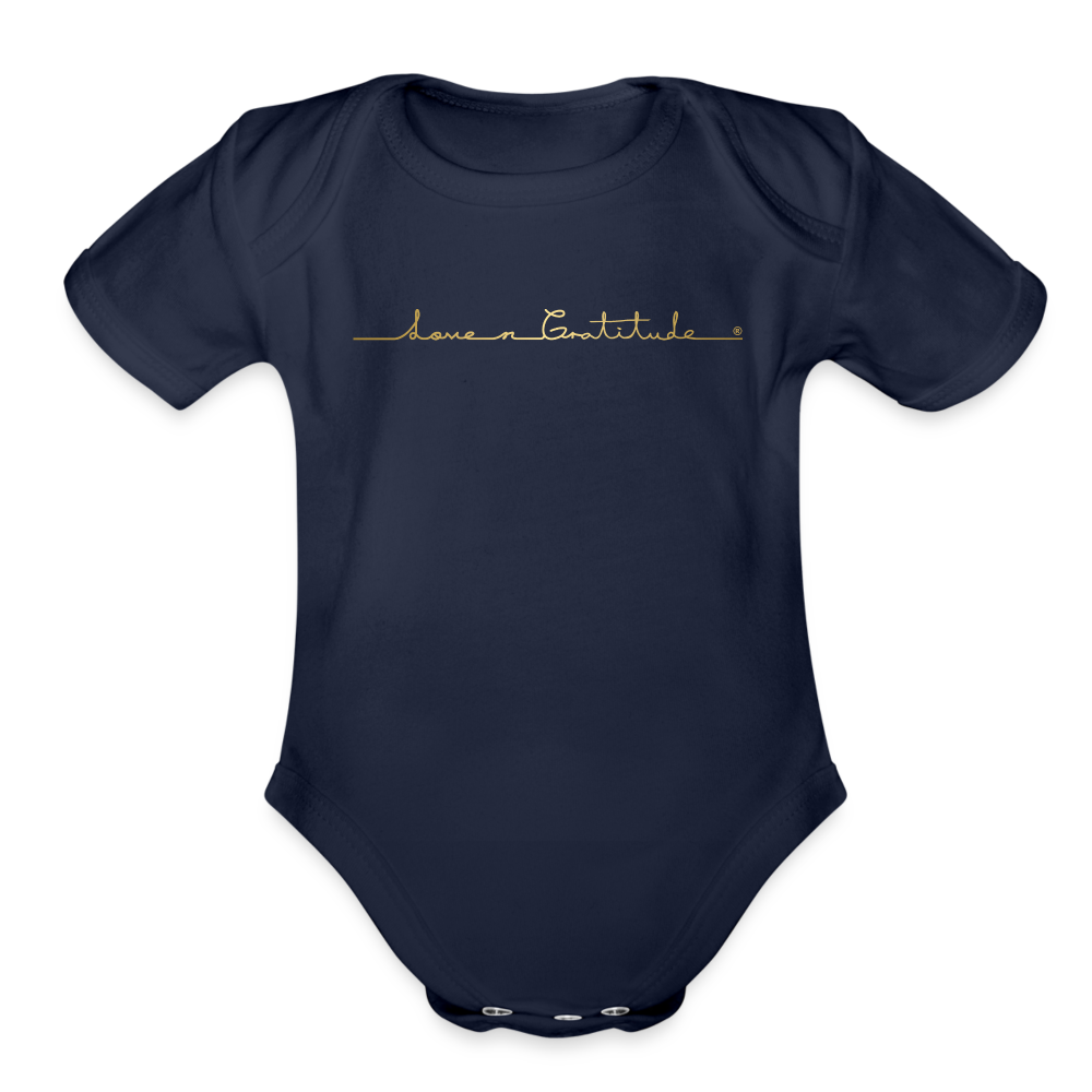 Organic Short Sleeve Baby Bodysuit Custom Print on Front, Logo on Back - dark navy