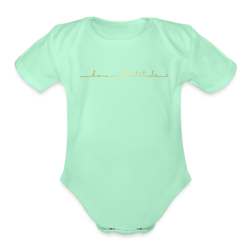 Organic Short Sleeve Baby Bodysuit Custom Print on Front, Logo on Back - light mint